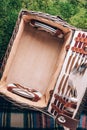 Summer picnic straw basket on green grass background. Top view. Copy space. Summer picnic time. Banner