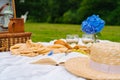Summer picnic on sunny day with bread, fruit, bouquet hydrangea flowers, glasses wine, straw hat, book and ukulele. Picnic basket Royalty Free Stock Photo
