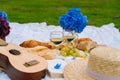 Summer picnic on sunny day with bread, fruit, bouquet hydrangea flowers, glasses wine, straw hat, book and ukulele. Picnic basket Royalty Free Stock Photo