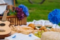 Summer picnic on sunny day with bread, fruit, bouquet hydrangea flowers, glasses wine, straw hat, book and ukulele. Picnic basket Royalty Free Stock Photo