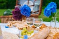 Summer picnic on sunny day with bread, fruit, bouquet hydrangea flowers, glasses wine, straw hat, book and ukulele Royalty Free Stock Photo