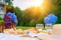 Summer picnic on sunny day with bread, fruit, bouquet hydrangea flowers, glasses wine, straw hat, book and ukulele Royalty Free Stock Photo