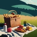 summer picnic in tablecloth with basket food, fruits in outdoor landscape vector illustration Royalty Free Stock Photo