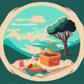 summer picnic in tablecloth with basket food, fruits in outdoor landscape vector illustration Royalty Free Stock Photo