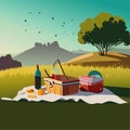 summer picnic in tablecloth with basket food, fruits in outdoor landscape vector illustration Royalty Free Stock Photo