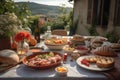 Summer picnic on the terrace, lunch with a beautiful Italian view. Generative AI