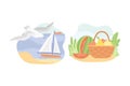 Summer Picnic Wicker Basket with Fresh and Juicy Fruit and Boat with Seagull Vector Set