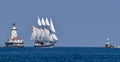 Tall Ship Passing Chicago Harbor Lighthouse Royalty Free Stock Photo