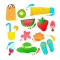 Summer picture on a white background. Kiwifruit, sunscreen, ice cream, beach bag, summer flip-flops, tusks, juice, shells, sun hat