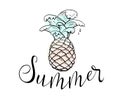 Summer pineapple with sea water waves and text lettering sign, vector background. Tropical vacation concept design in