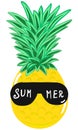 Summer pineapple in sunglasses cartoon vector illustration drawn by hand. Hello summer concept, party time cute and