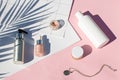 Summer pink cosmetics flat lay . Top view beauty composition