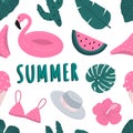 Summer pink flamingo pattern with tropical leaves, watermelon, hat, hibiscus flower, cactus and ice-cream hand drawn doodle vector Royalty Free Stock Photo