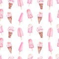 Summer pink ice cream popsicles digital paper. Watercolor seamless pattern summer illustration.