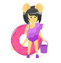 Isolated cartoon rat in a swimsuit and a bucket in her arms and a swimming circle. Year of the rat. Chinese horoscope. Beauty mous Royalty Free Stock Photo