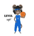 Cartoon rat in basketball uniform with a ball. Level up. Year of the rat. Chinese horoscope. Cute mouse. Royalty Free Stock Photo
