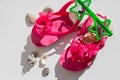 Summer pink Shoes for kids, Children`s slippers, beach fashion for baby, Colorful of Sandals shoes and sun glasses Royalty Free Stock Photo