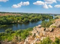 Summer Pivdennyi Buh Southern Bug river in Myhiya, Mykolayiv Region, Ukraine.