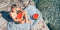 Summer plesuares: boy ready to eat big watermelon after swimming in the sea Royalty Free Stock Photo