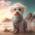 Summer poodle dog in fashionable outfit. Dog poodle summer animal breed in cute face wearing.