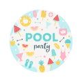 Summer Pool or Beach Party Round Sign. Poster, Flyer or Invitation Card Vector Design