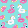 Summer pool floating with flamingo and unicorn. Seamless pattern.