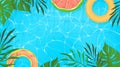 Summer pool. Fun swim background water for summertime party invite or sale, pink tubes float on waves, green tropical Royalty Free Stock Photo