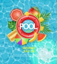 Summer pool and life ring Vector realistic. Commercial banner sale template. 3d detailed water backgrounds