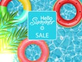 Summer pool and life ring Vector realistic. Commercial banner sale template. 3d detailed water backgrounds