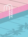 Summer pool party blank invitation poster, flyer vector template with vintage swimming pool background and steps ladder.