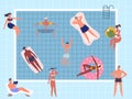 Summer pool party characters, swimming and relaxing people. Pool activities, people floating on rubber mattresses or Royalty Free Stock Photo