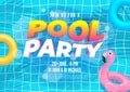 Summer pool party invitation banner. Swimming pool with palm leaves and pool floats.