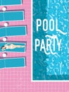 Summer pool party invitation poster, flyer vector template with vintage swimming pool, woman sunbathing and sunbeds Royalty Free Stock Photo