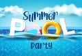Summer pool party vector banner design. Summer pool party text in swimming pool background with floater and beach ball floating. Royalty Free Stock Photo