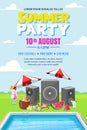 Summer pool party, vector poster, banner layout. Music loudspeakers, cocktails near swimming pool.