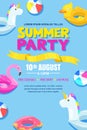 Summer pool party, vector poster, banner layout. Unicorn, flamingo, duck, ball, donut cute floats in water.