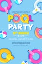 Summer pool party, vector poster, banner layout. Unicorn, flamingo, duck, ball, donut cute floats in water. Royalty Free Stock Photo