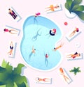 Summer pool. People at swimming pool top view. Persons swim dive relaxing sunbathing women men water games beach party