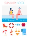 Summer Pool Poster with Icons Vector Illustration