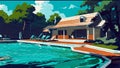 Summer pool vacation at sunny day. AI generated illustration in pop art style.