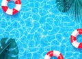 Summer pool vector background. Swimming pool texture, red and white ring float, palm monstera leaves illustration. Copy Royalty Free Stock Photo