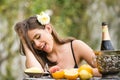 Summer portrait of beautiful happy smiling fashion woman with summer fruits outdoor. Royalty Free Stock Photo