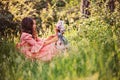 Summer portrait of happy child girl dressed in pink fairytale princess dress in forest Royalty Free Stock Photo