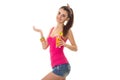 Summer portrait of young cheerful girl with cockatil isolated on white background