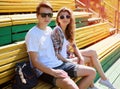 Summer portrait young modern stylish couple in sunglasses rest Royalty Free Stock Photo