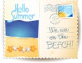 Summer postacard with seascape, text, stamp and postmark