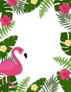 Summer postcard background with tropical plants and flowers, flamingos. For typographical, banner, poster, party invitation. Royalty Free Stock Photo