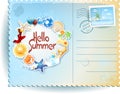 Summer postcard with colorful icons and message