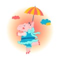 A summer postcard of a cute hippo in flight with an umbrella in a flat style.