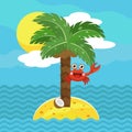 Summer postcard with happy crab on a coconut palm on an island in the sea Royalty Free Stock Photo